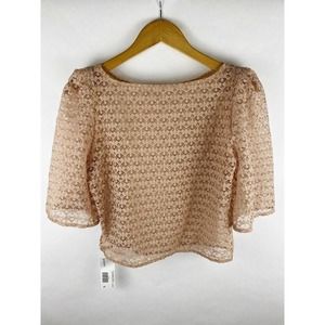 American Apparel Puff Sleeve Blouse Tan Half‎ Moon Lace S New Women